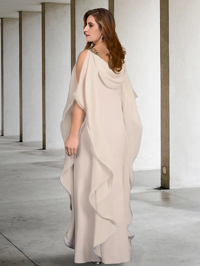 Sheath / Column Plus Size Curve Mother of the Bride Dresses Elegant Dress Formal Floor Length Sleeveless Jewel Neck Chiffon with Beading