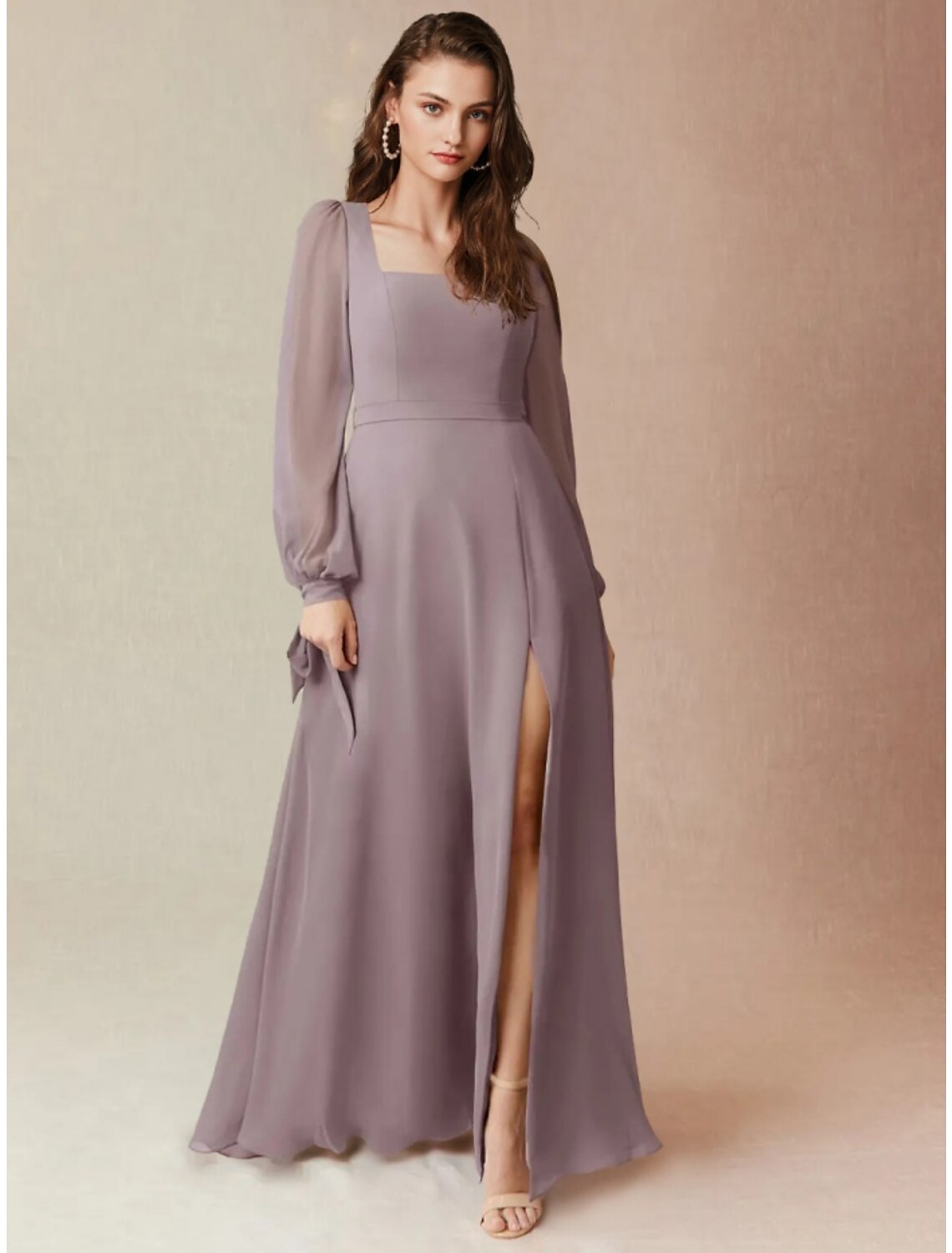 A-Line Bridesmaid Dress Square Neck Long Sleeve Elegant Floor Length Chiffon with Split Front