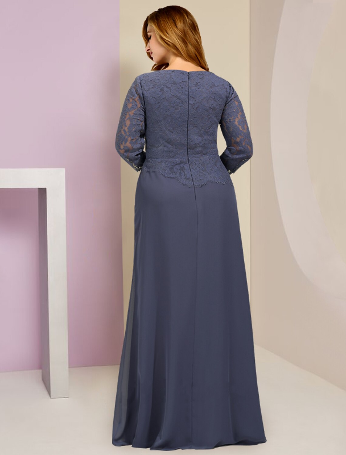 Mother of the Bride Dresses Plus Size Curve Hide Belly Wedding Guest Party Elegant Scoop Neck Floor Length Chiffon Lace 3/4 Length Sleeve with Ruffles