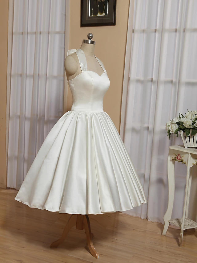 Bridal Shower Little White Dresses Wedding Dresses Tea Length A-Line Sleeveless Halter Satin With Bow(s)