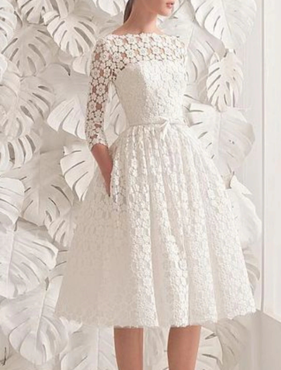 Reception Little White Dresses Wedding Dresses A-Line Scoop Neck 3/4 Length Sleeve Knee Length Lace Bridal Gowns With Sashes / Ribbons