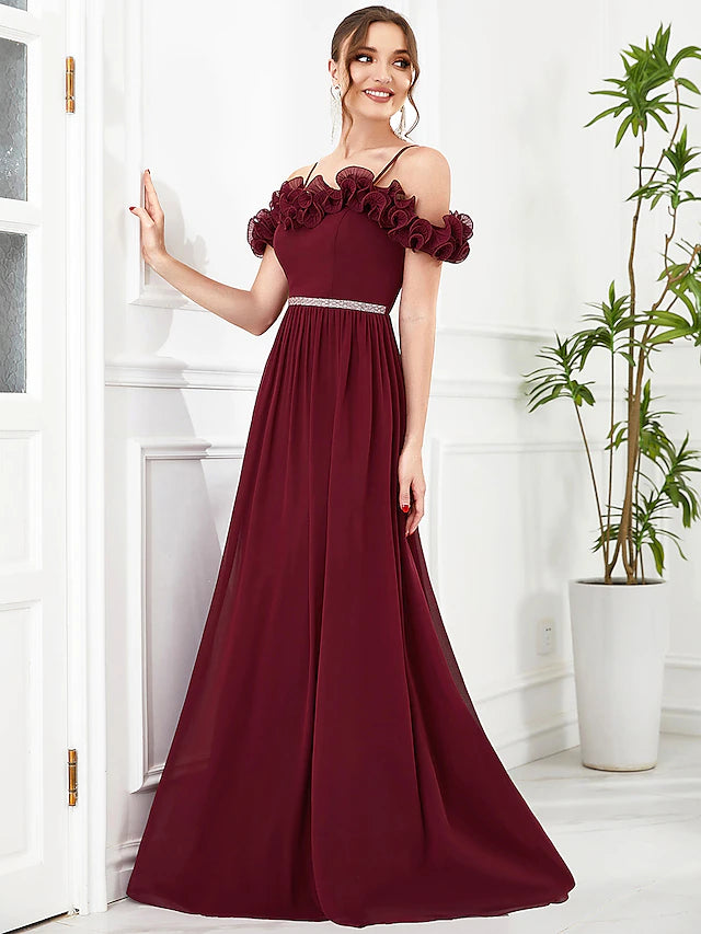 A-Line Prom Dresses Vintage Dress Wedding Guest Floor Length Sleeveless Off Shoulder Chiffon with Appliques Flower