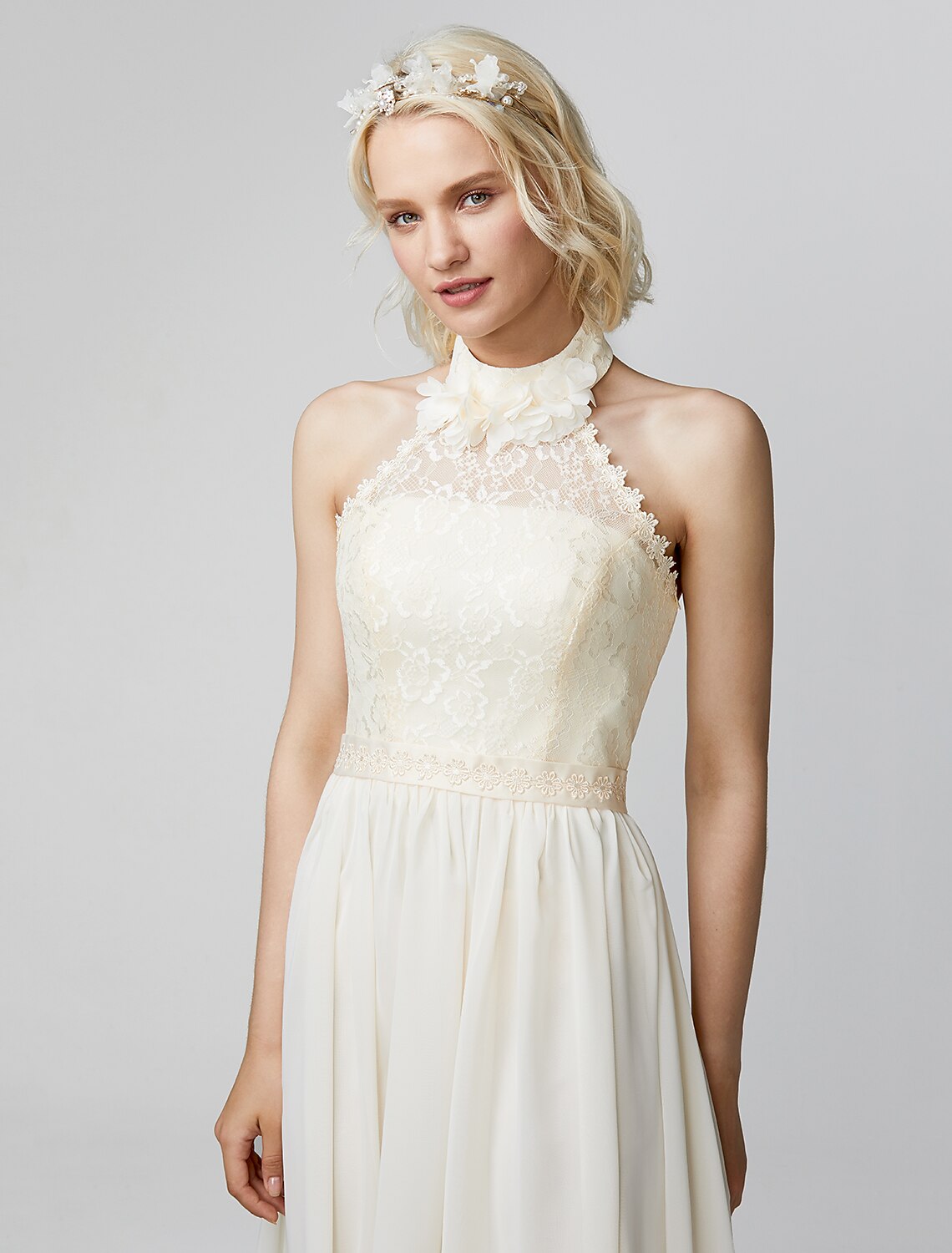 Sheath / Column High Neck Floor Length Chiffon / Lace Bodice Bridesmaid Dress with Sash / Ribbon