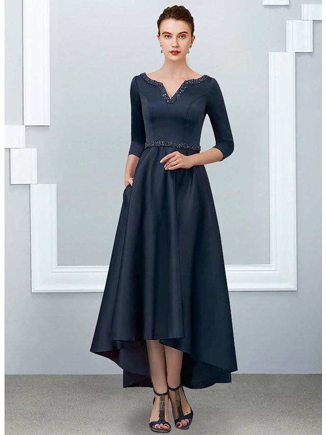 A-Line Mother of the Bride Dress Elegant High Low V Neck Asymmetrical Ankle Length Satin Half Sleeve