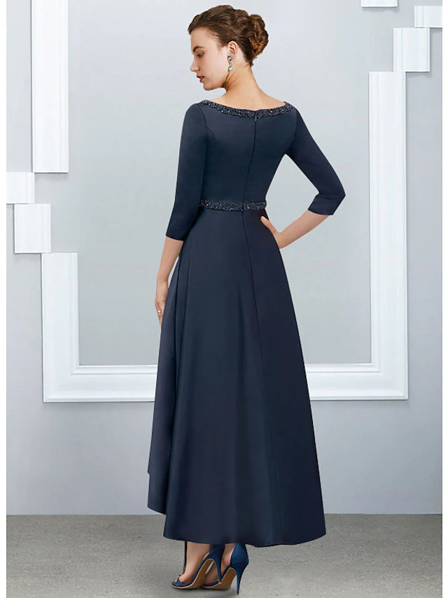 A-Line Mother of the Bride Dress Elegant High Low V Neck Asymmetrical Ankle Length Satin Half Sleeve