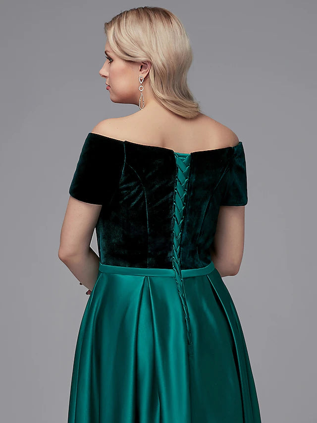 A-Line Special Occasion Dresses Elegant Dress Wedding Guest Floor Length Short Sleeve Off Shoulder Satin
