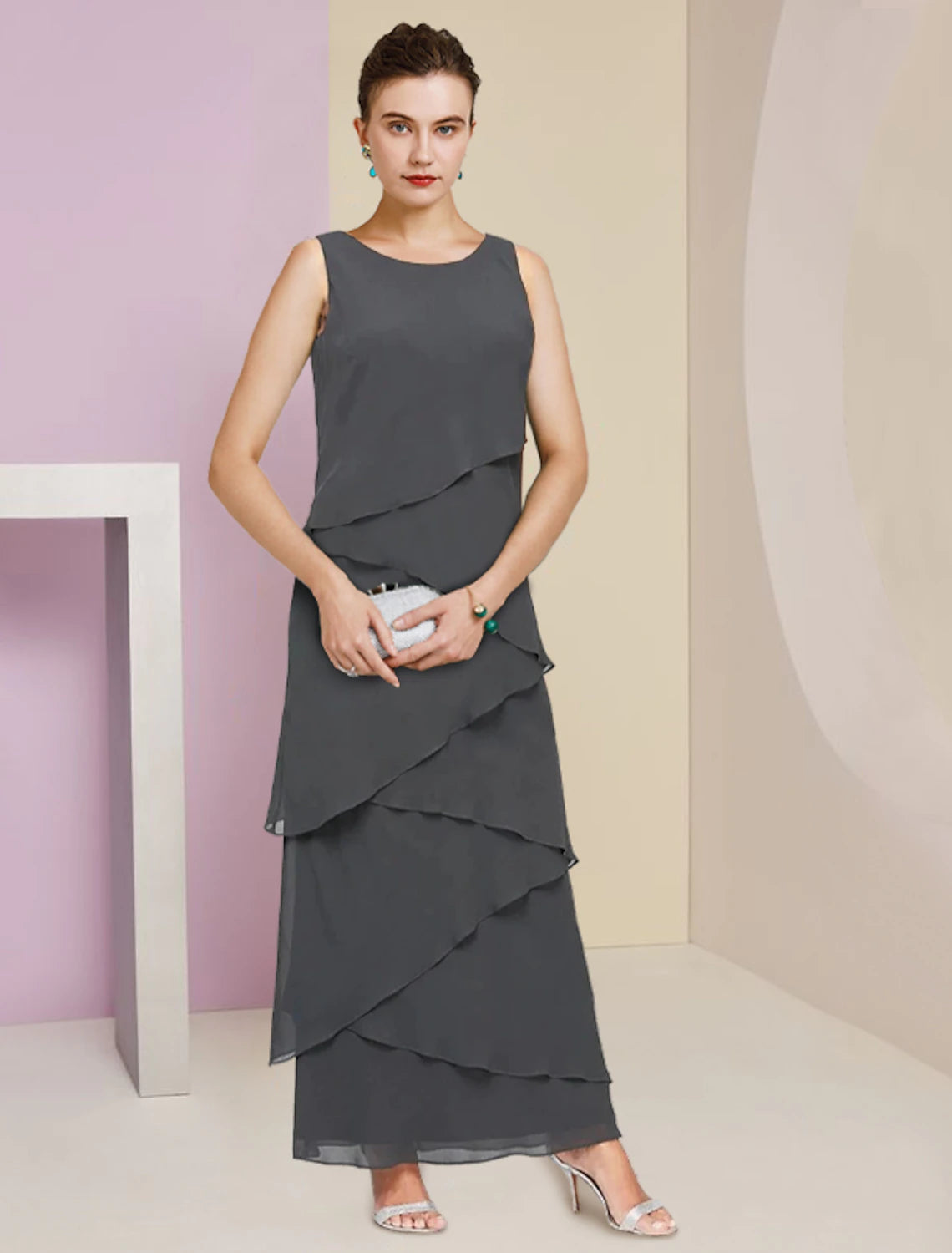 Sheath / Column Mother of the Bride Dress Formal Wedding Guest Elegant Scoop Neck Ankle Length Chiffon Sleeveless Wrap Included with Cascading