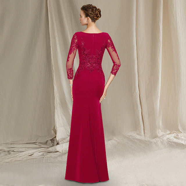 Sheath / Column Mother of the Bride Dress Elegant Jewel Neck Floor Length Chiffon Lace Short Sleeve with Sequin Ruffles