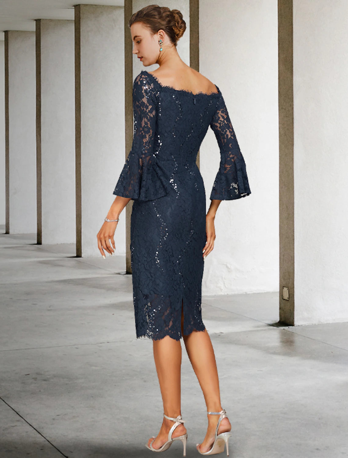 Sheath / Column Mother of the Bride Dress Wedding Guest Vintage Elegant Jewel Neck Tea Length Lace 3/4 Length Sleeve with Sequin