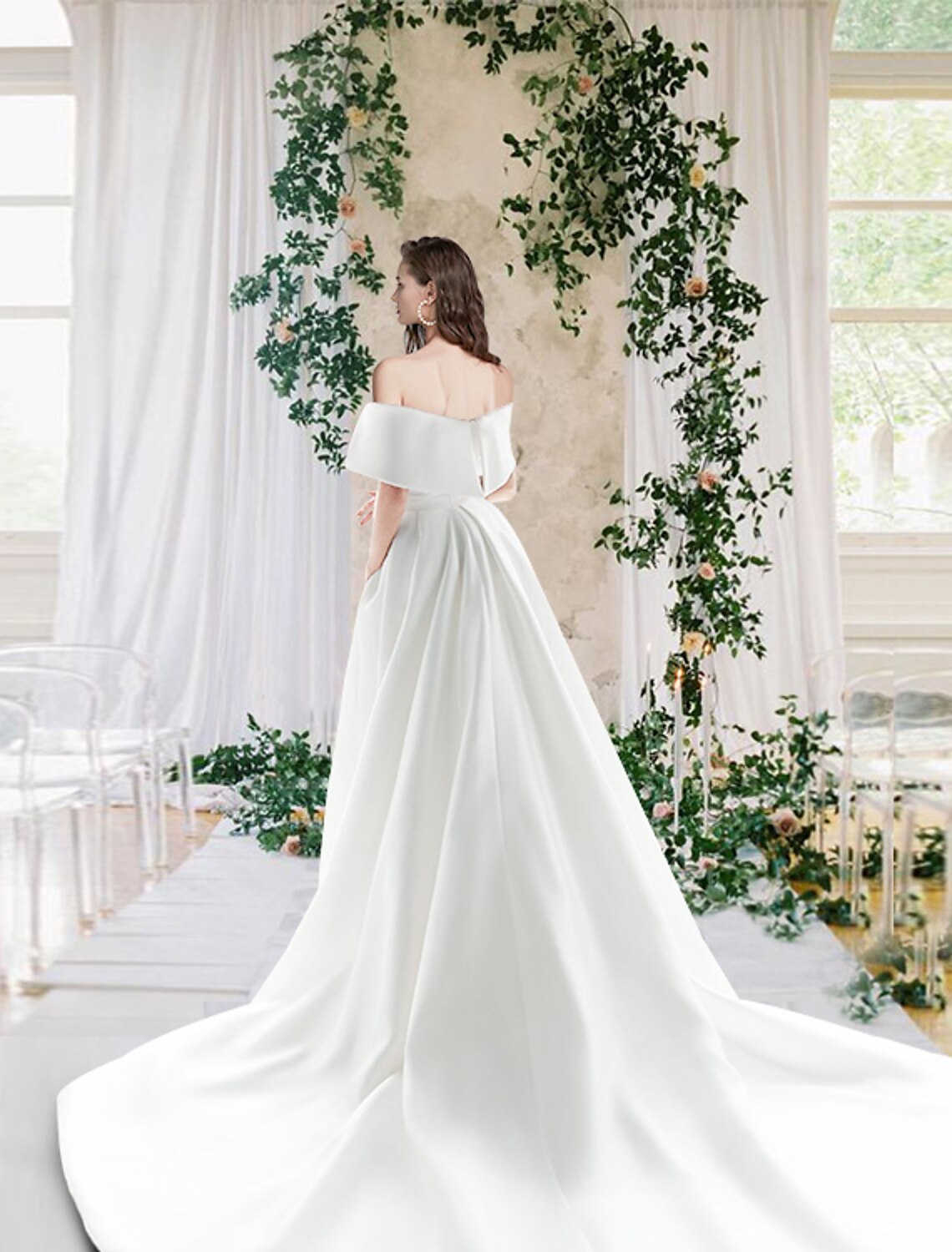 Hall Casual Wedding Dresses Chapel Train Sheath / Column Cap Sleeve Off Shoulder Satin