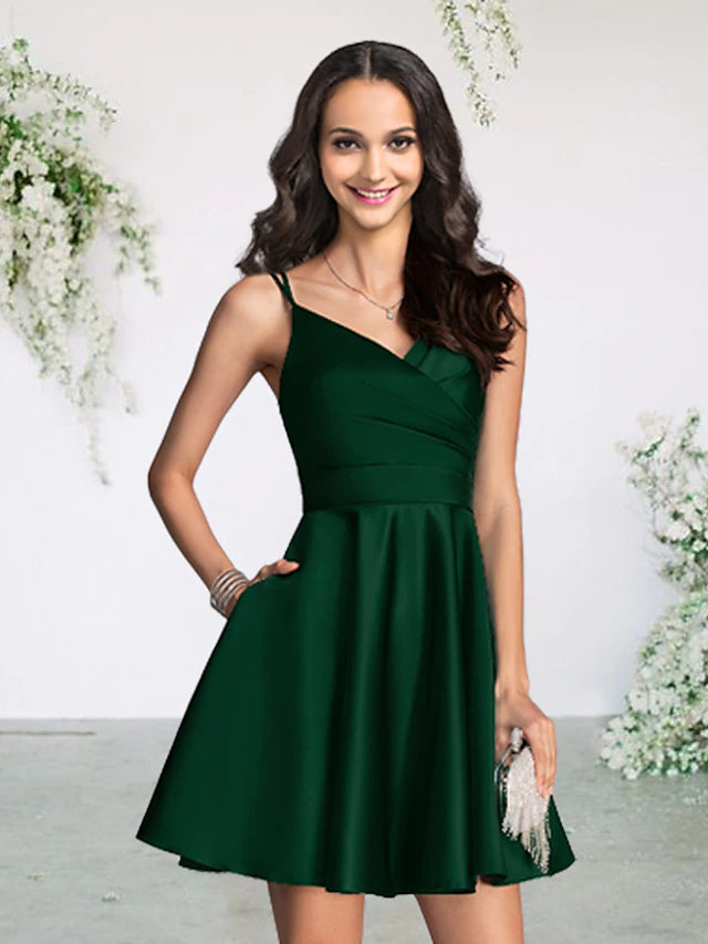 A-Line Bridesmaid Dress V Neck Sleeveless Sexy Short / Mini Satin with Pleats Pure Color