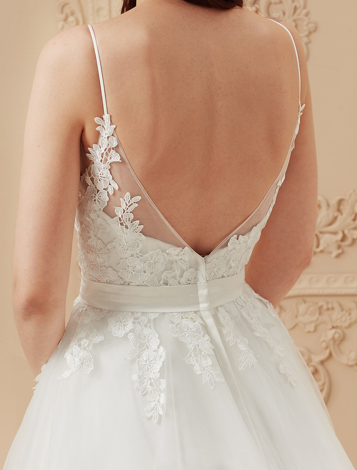 Ball Gown Wedding Dresses V Neck Sweep / Brush Train Satin Tulle Over Lace Spaghetti Strap Romantic Illusion Detail Backless