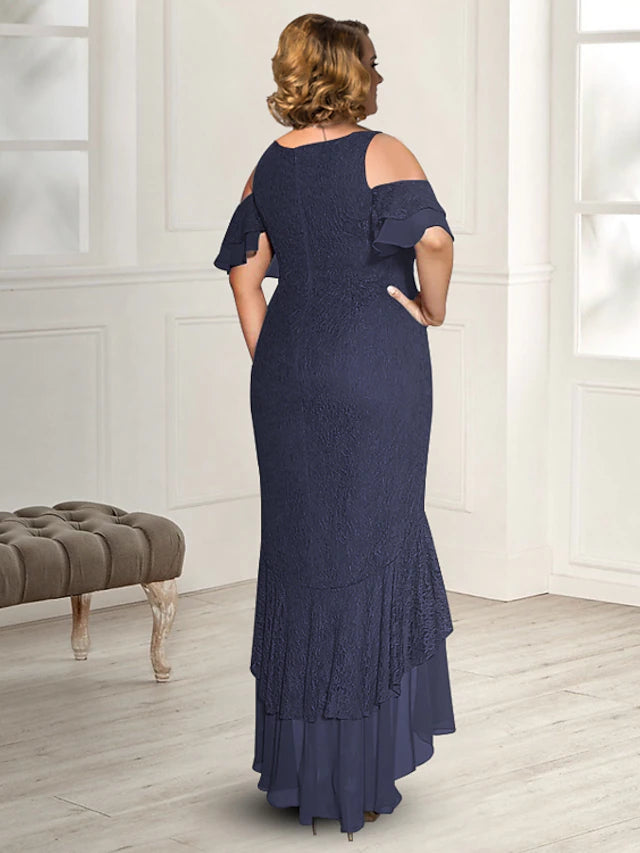 Sheath / Column Mother of the Bride Dress Plus Size Elegant High Low Jewel Neck Asymmetrical Floor Length Chiffon Short Sleeve