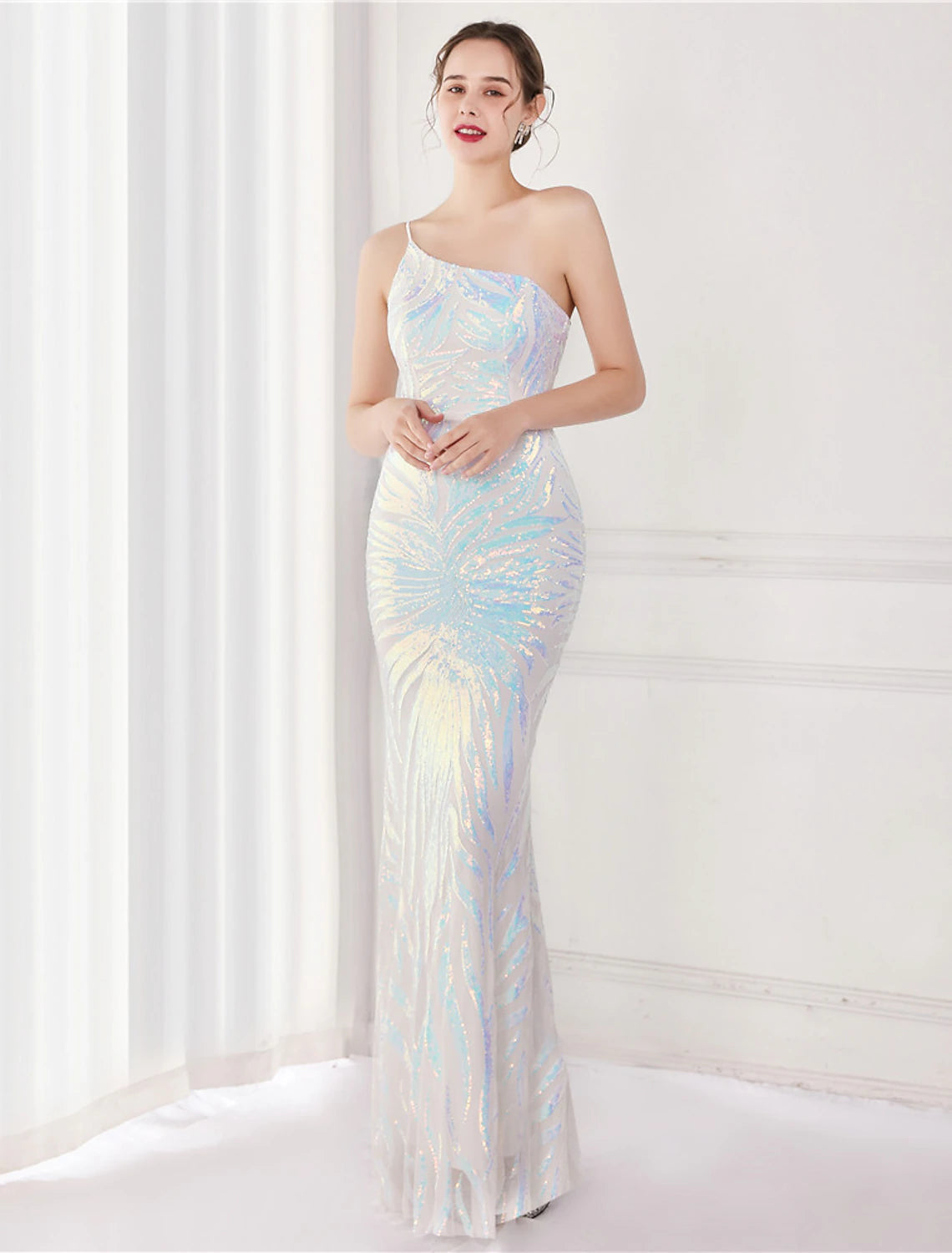 Mermaid / Trumpet Evening Gown Sparkle & Shine Dress Formal Floor Length Sleeveless One Shoulder Sequined