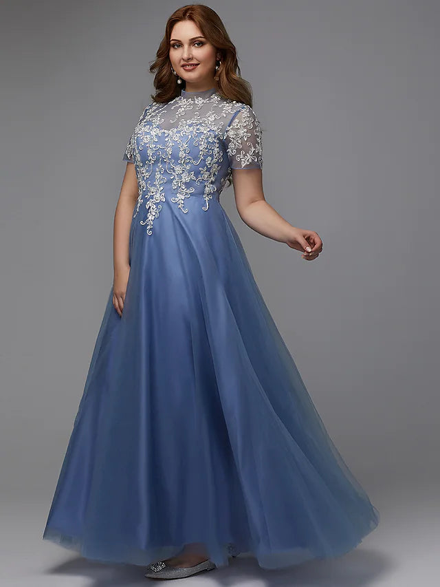 A-Line Plus Size Dress Wedding Guest Floor Length Short Sleeve High Neck Lace Lace-up