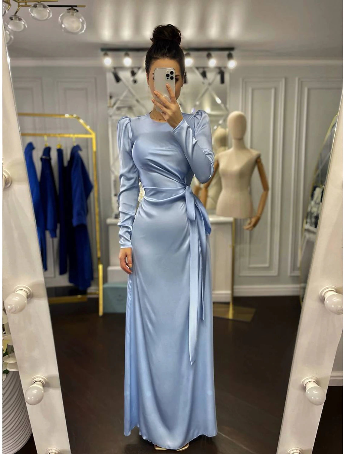 Sheath Party Dress Evening Gown Elegant Dress Wedding Guest Fall Floor Length Long Sleeve High Neck Bridesmaid Dress Satin