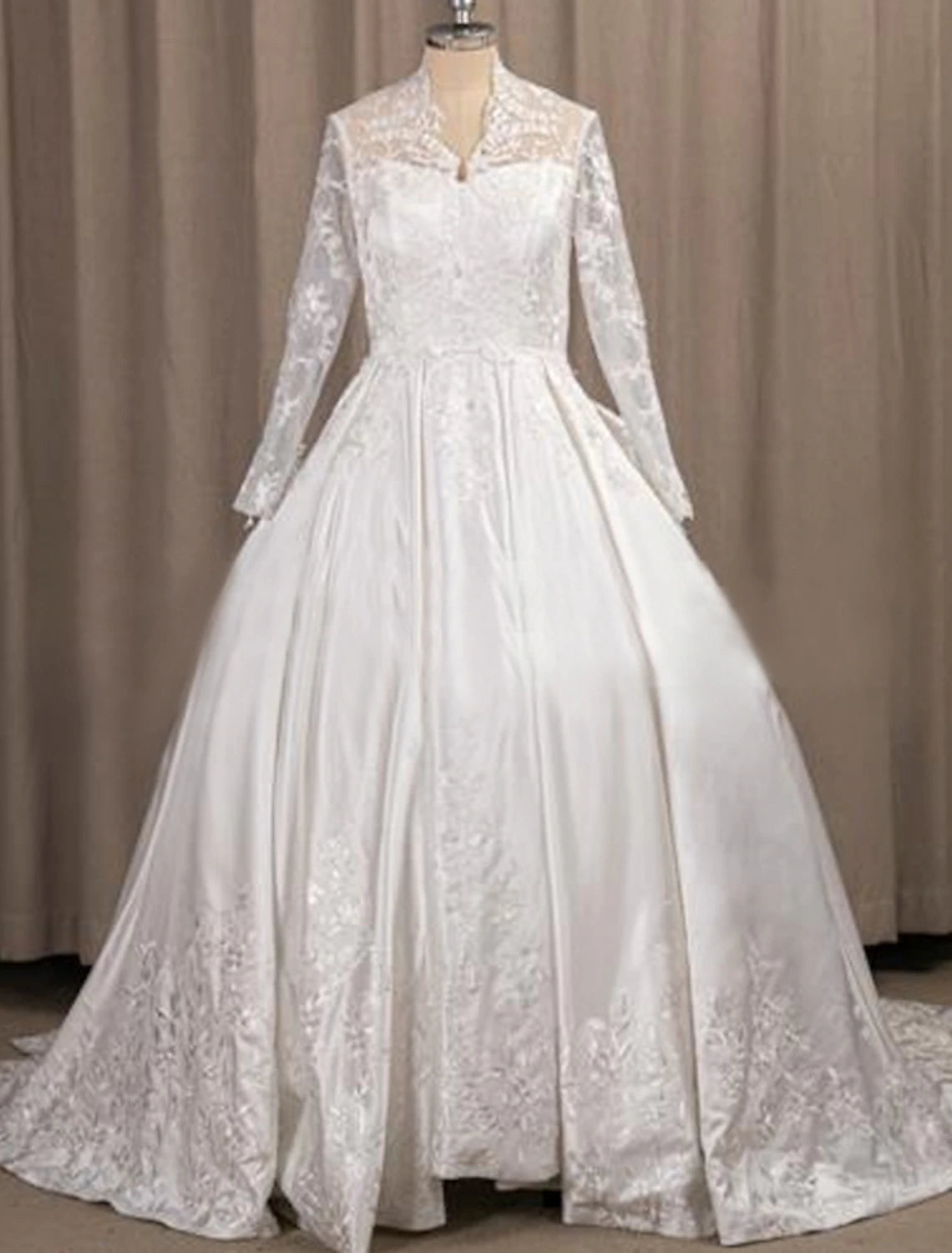 Engagement Formal Wedding Dresses A-Line Illusion Neck Long Sleeve Court Train Satin Bridal Gowns With Pleats