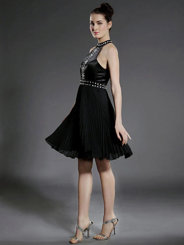 Ball Gown Little Black Dress Dress Holiday Knee Length Sleeveless High Neck Chiffon with Pleats