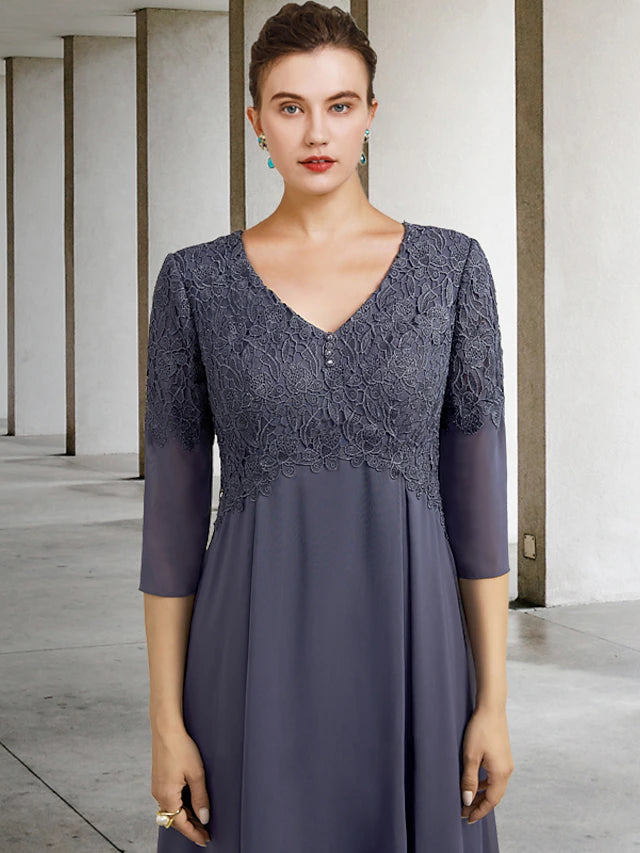 A-Line Mother of the Bride Dress Plus Size Elegant V Neck Tea Length Chiffon Lace 3/4 Length Sleeve