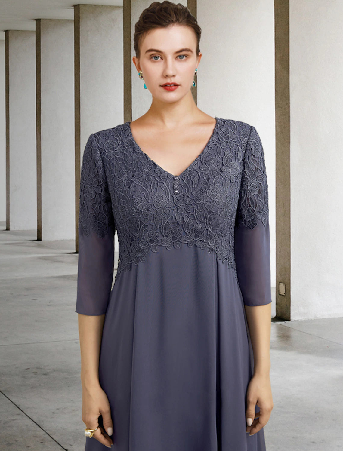 A-Line Mother of the Bride Dress Fall Wedding Guest Plus Size Elegant V Neck Tea Length Chiffon Lace 3/4 Length Sleeve with Ruffles