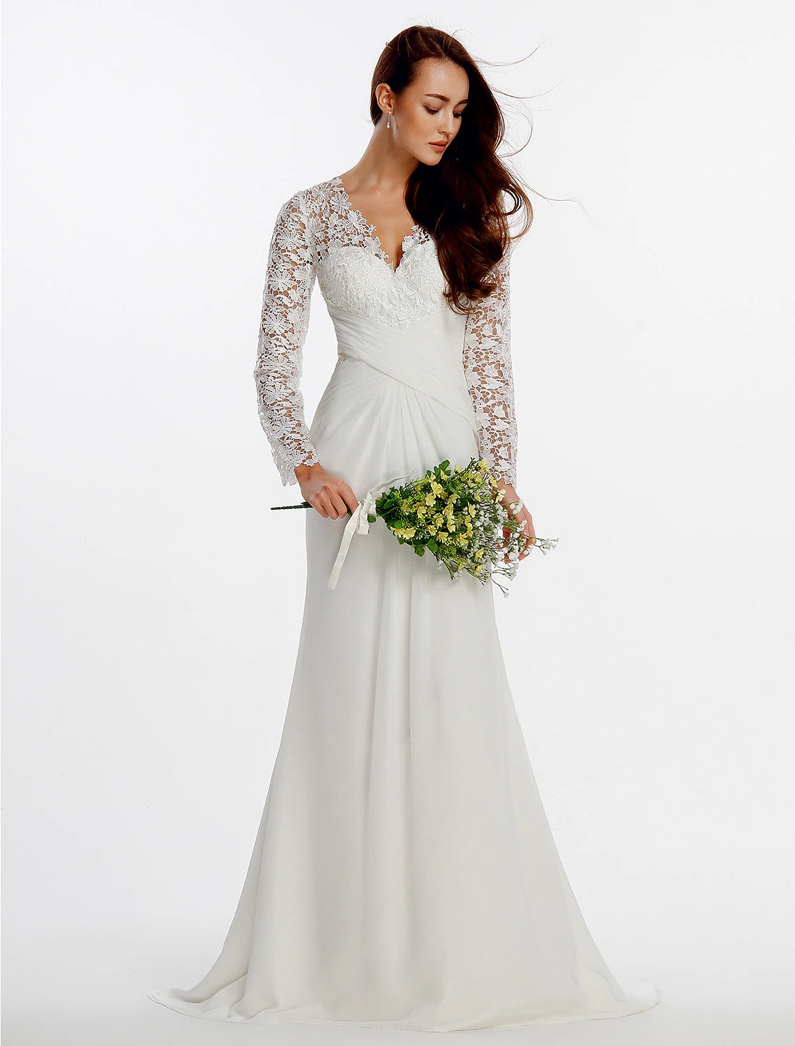 Beach Boho Wedding Dresses Sheath / Column V Neck Long Sleeve Sweep / Brush Train Chiffon Bridal Gowns With Lace