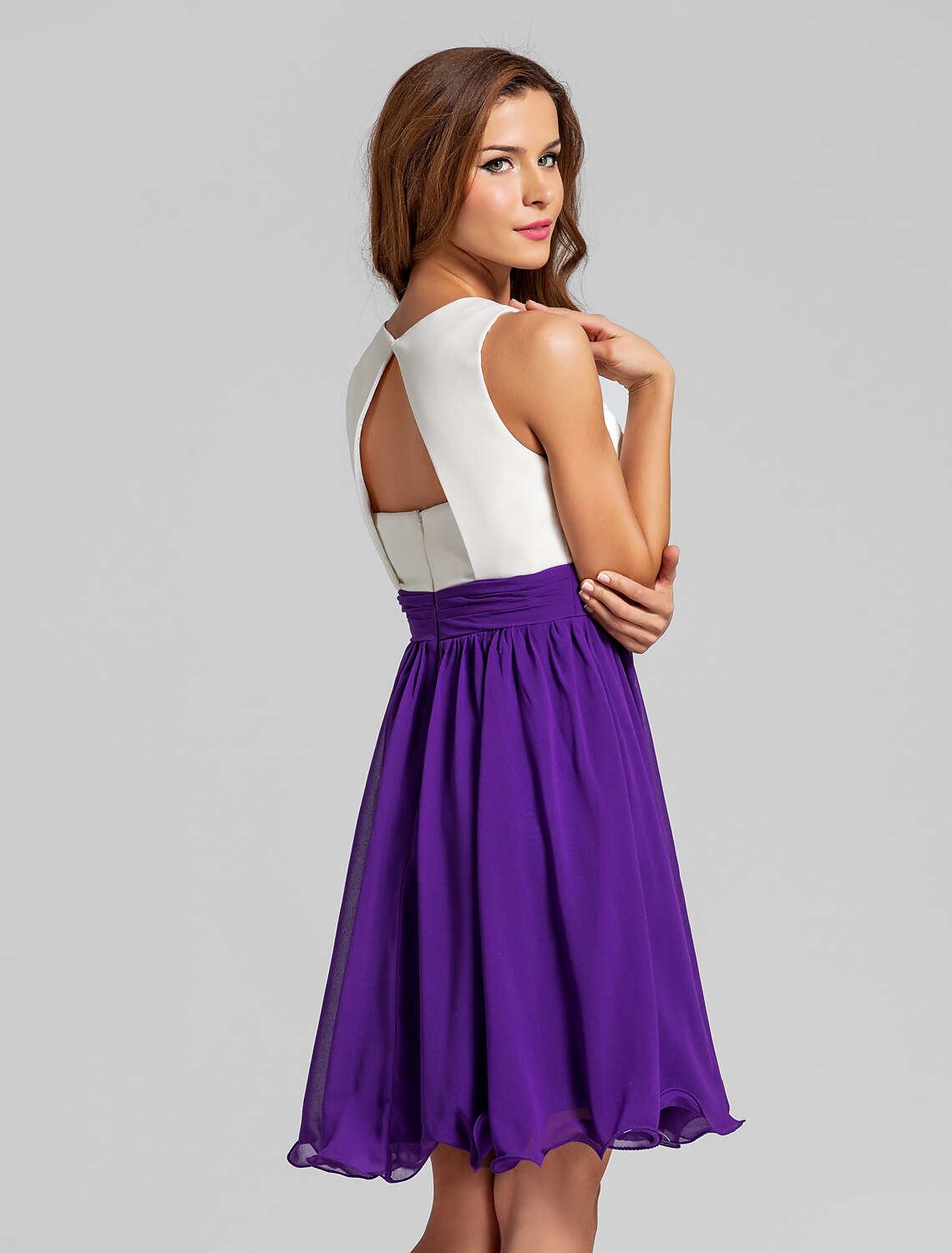 A-Line Jewel Neck Short / Mini Chiffon Bridesmaid Dress with Criss Cross