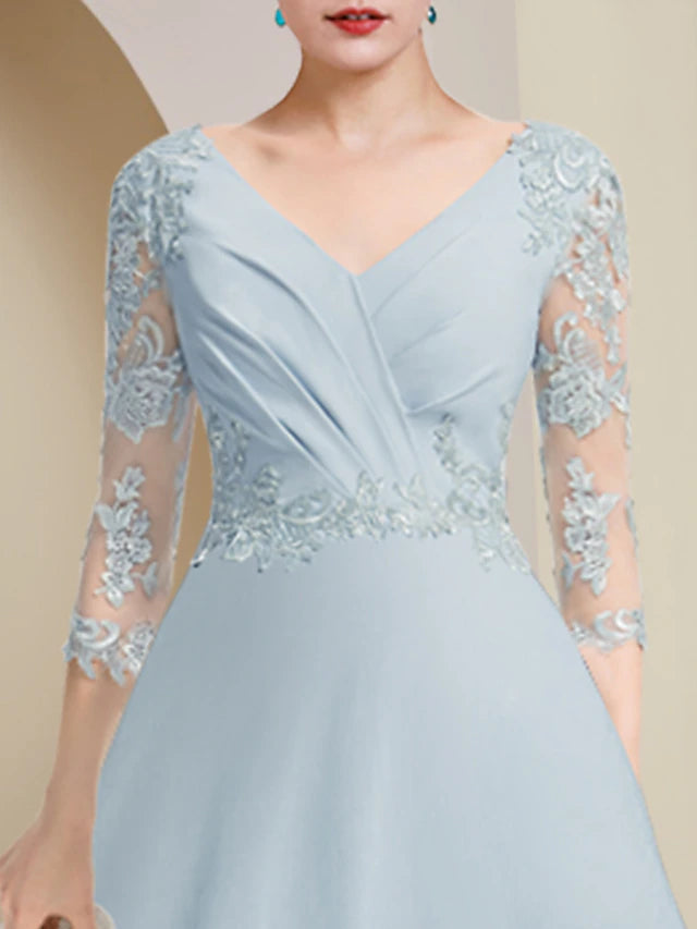 A-Line Mother of the Bride Dress Party Elegant V Neck Asymmetrical Lace Stretch Chiffon 3/4 Length Sleeve with Pleats