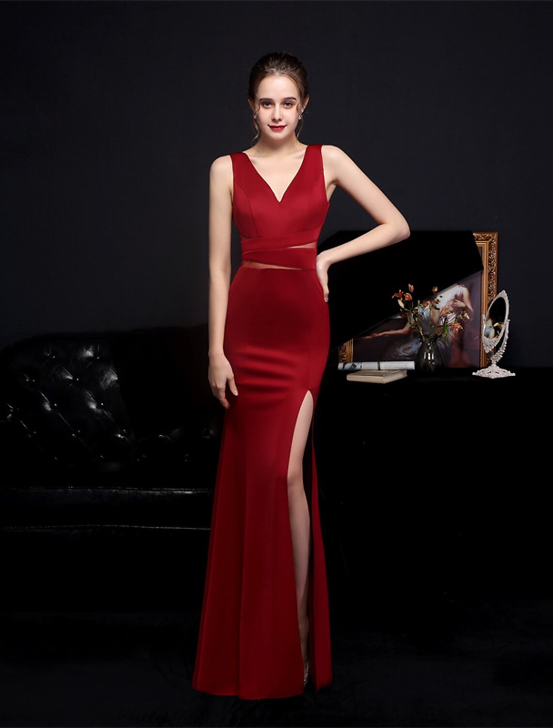 Mermaid / Trumpet Prom Dresses Elegant Dress Formal Wedding Guest Floor Length Sleeveless V Neck Polyester