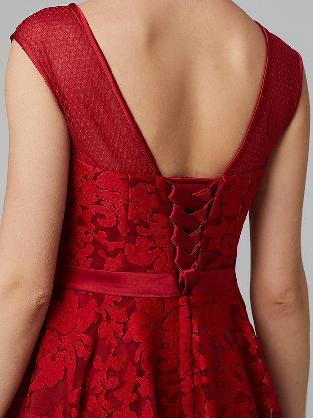 A-Line Elegant Dress Cocktail Party Tea Length Sleeveless Illusion Neck All Over Floral Lace