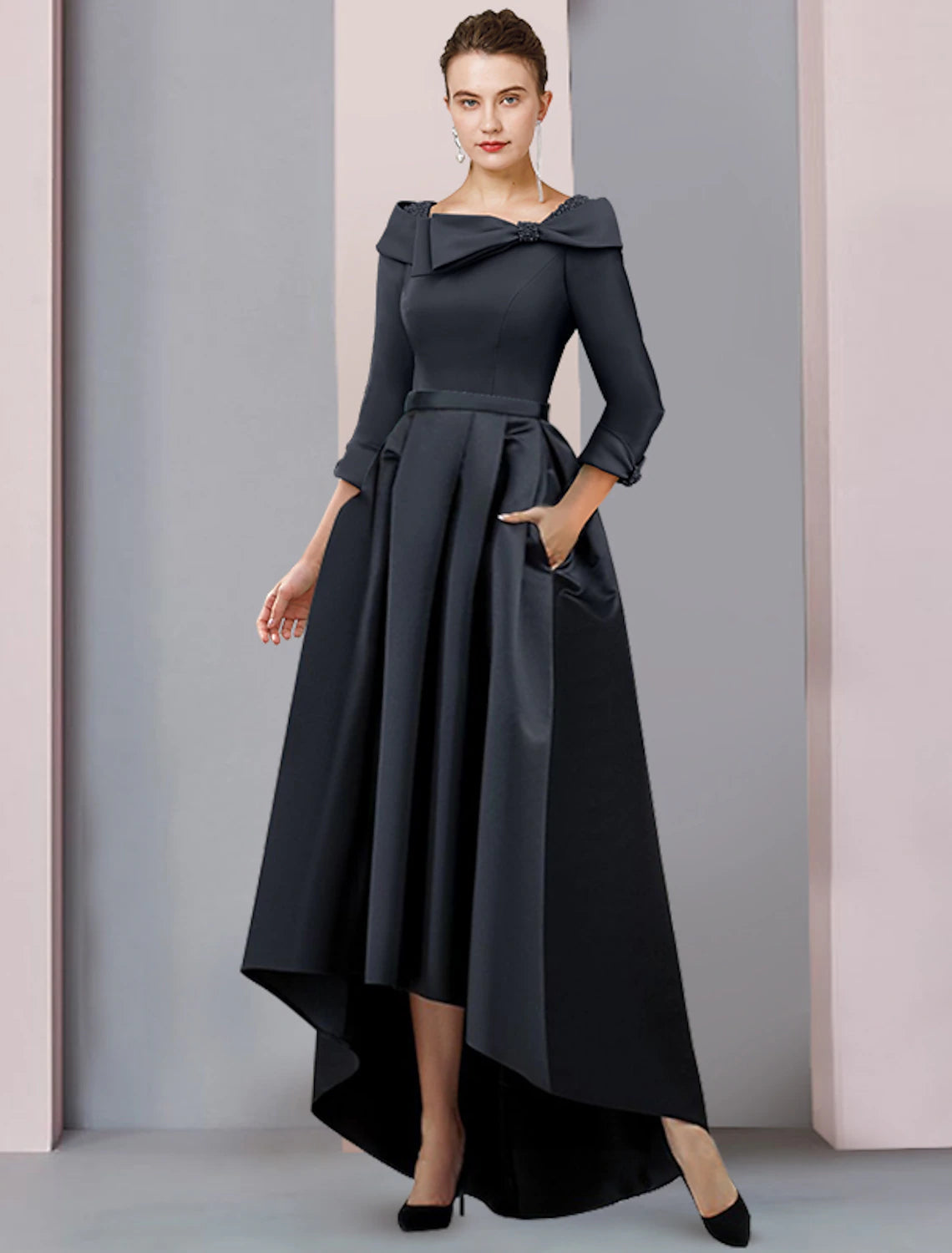 A-Line Mother of the Bride Dress Wedding Guest Elegant High Low Scoop Neck Asymmetrical Tea Length Satin 3/4 Length Sleeve