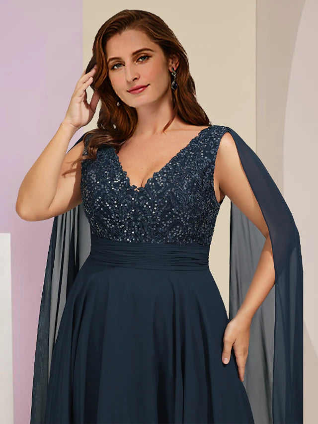 Plus Size Curve Mother of the Bride Dress Formal Party Elegant V Neck Floor Length Chiffon Lace Sleeveless with Pleats