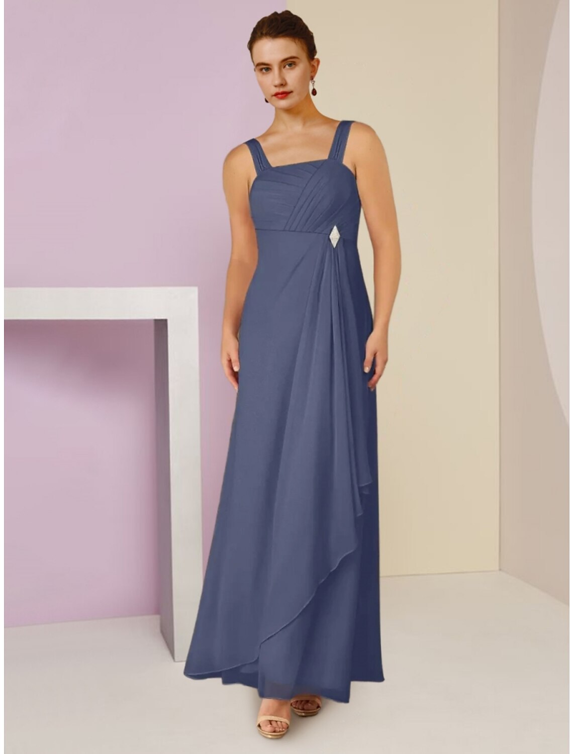 A-Line Mother of the Bride Dress Wedding Guest Elegant Square Neck Ankle Length Chiffon Long Sleeve with Crystal Brooch