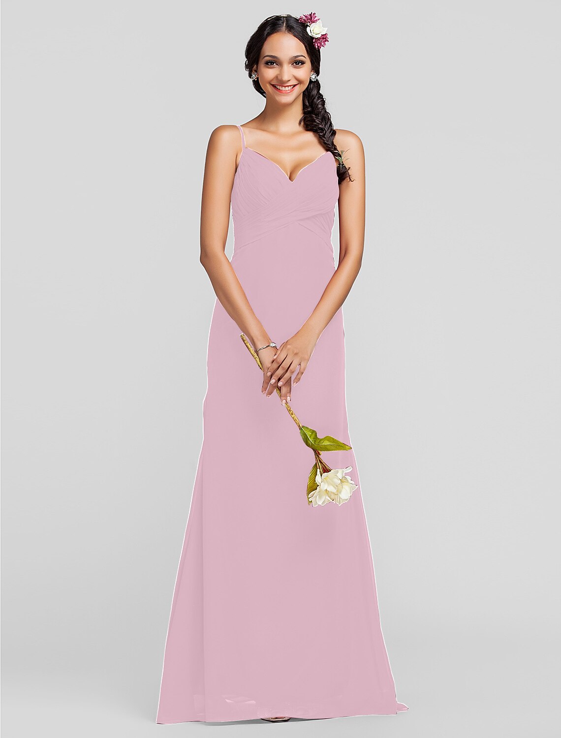 Sheath Spaghetti Strap Floor Length Chiffon Bridesmaid Dress with Criss Cross