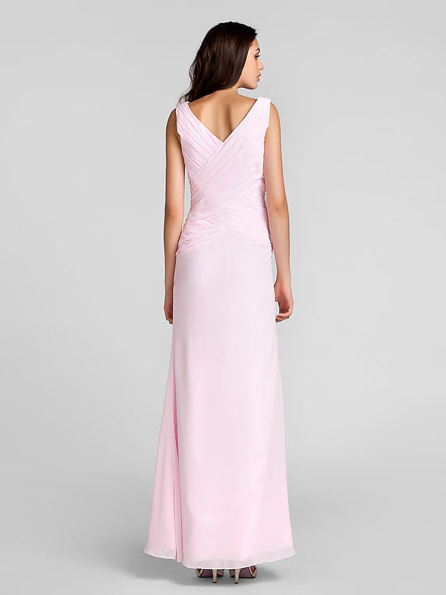 Sheath / Column Bridesmaid Dress V Neck Sleeveless Floor Length Chiffon with Criss Pure Color Pure Color Cross
