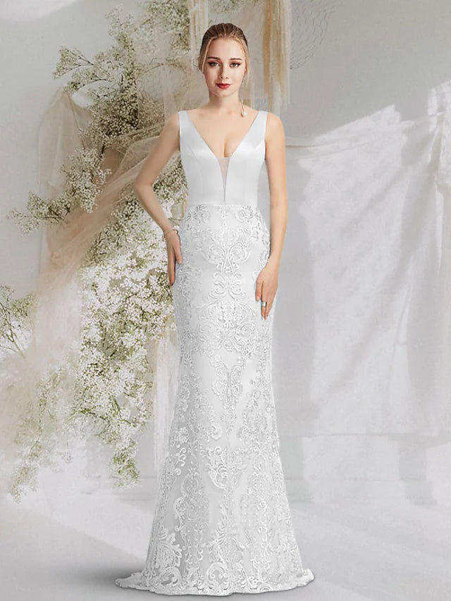 Mermaid / Trumpet Prom Dresses Luxurious Dress Formal Evening Court Train Sleeveless V Neck Satin with Overskirt