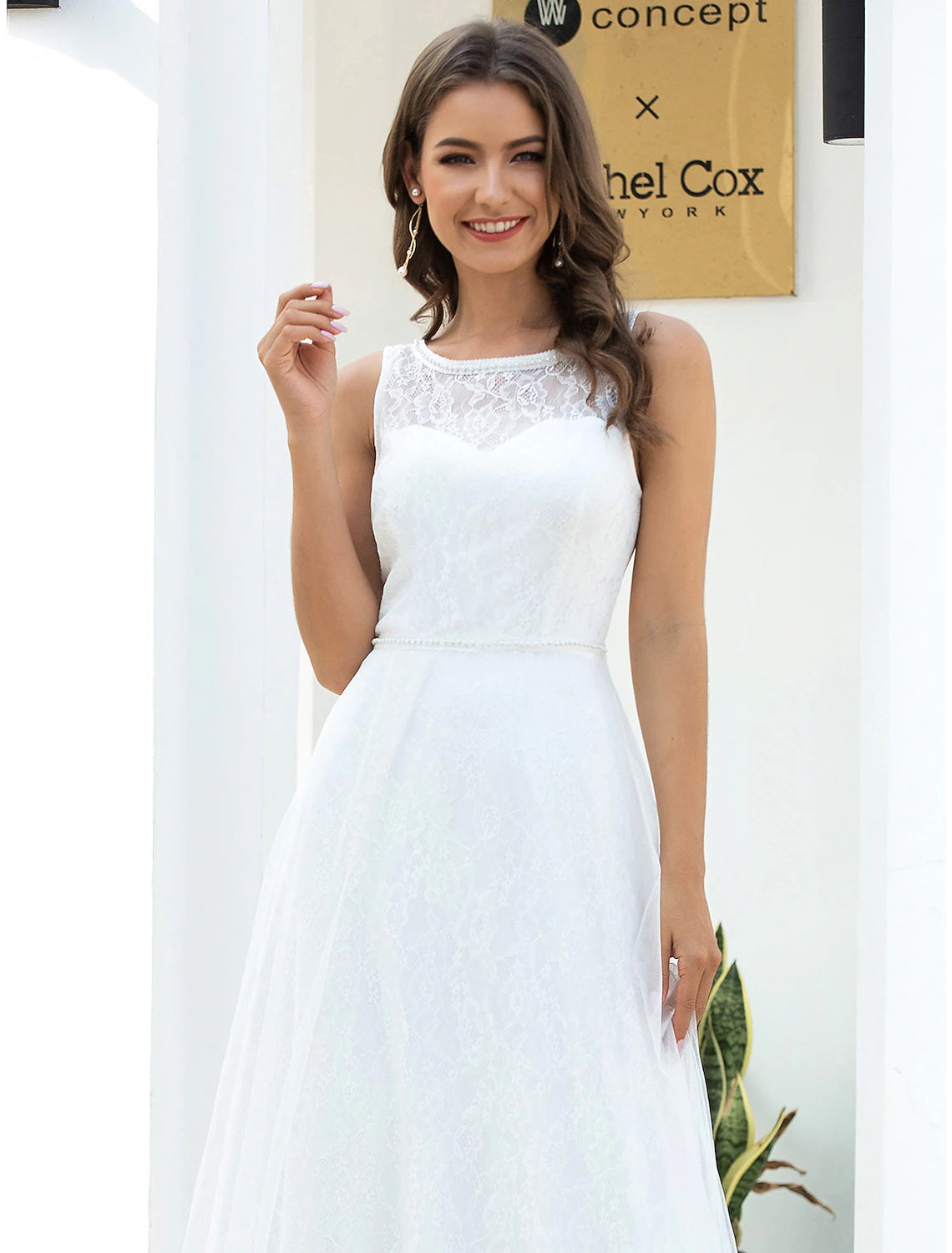 Long Beach Wedding Dresses A-Line Scoop Neck Sleeveless Floor Length Lace Bridal Gowns With Lace