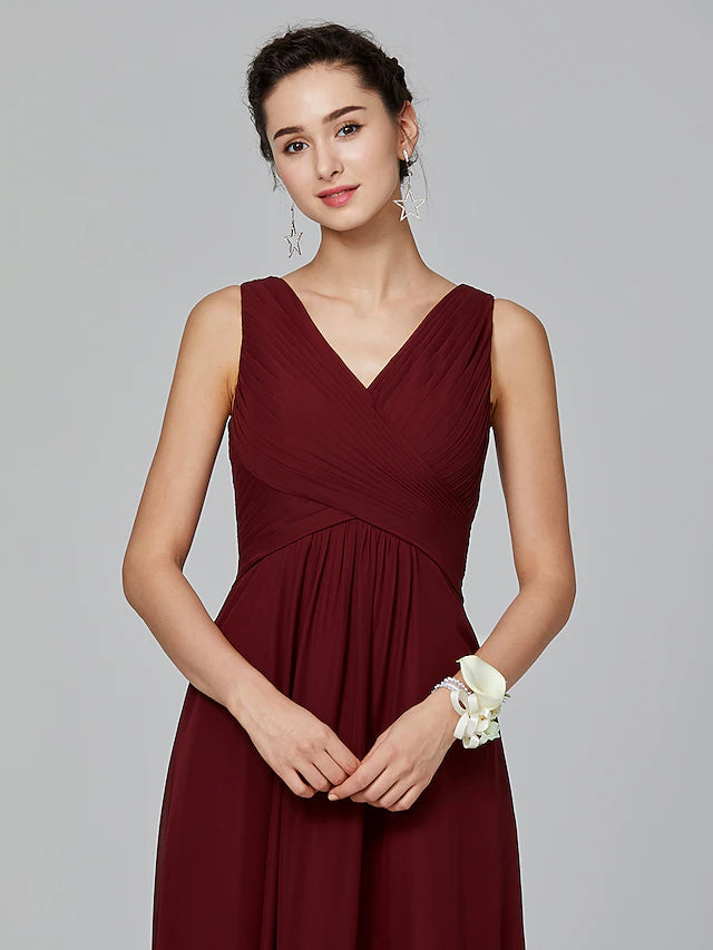 A-Line Bridesmaid Dress V Neck Sleeveless Floor Length Chiffon with Criss Cross / Side