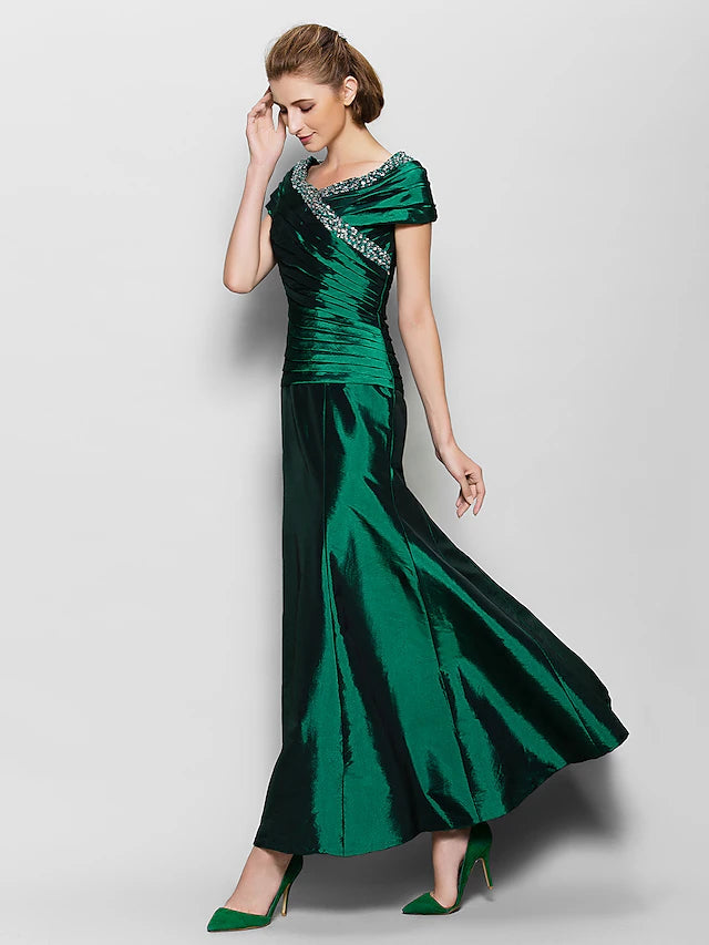 A-Line Mother of the Bride Dress Vintage Inspired V Neck Ankle Length Taffeta Short Sleeve with Beading Side