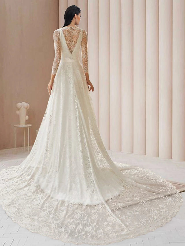 Engagement Open Back Formal Wedding Dresses Court Train Two Piece Long Sleeve V Neck Lace
