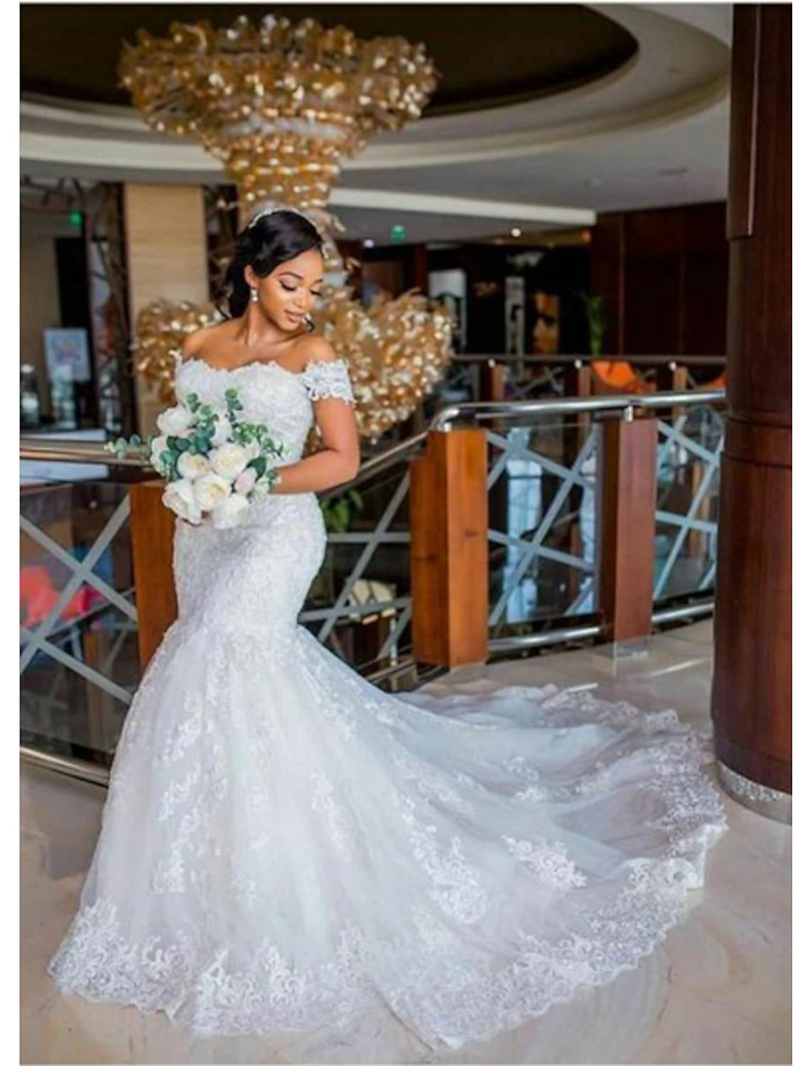 Engagement Sexy Formal Wedding Dresses Mermaid / Trumpet Off Shoulder Cap Sleeve Chapel Train Lace Bridal Gowns