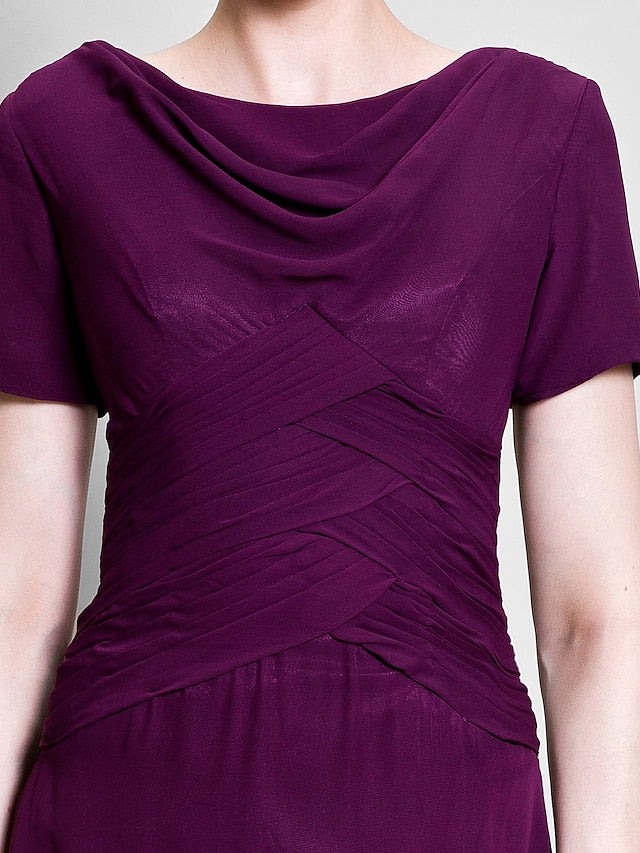 A-Line Mother of the Bride Dress Cowl Neck Tea Length Chiffon Short Sleeve with Ruched Side