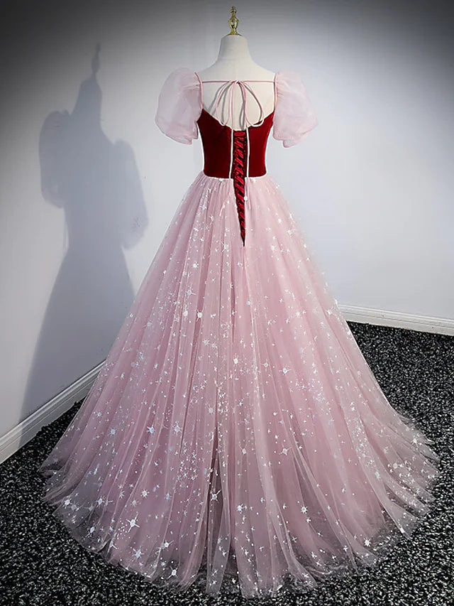 A-Line Prom Dresses Princess Dress Prom Floor Length Short Sleeve Sweetheart Tulle with