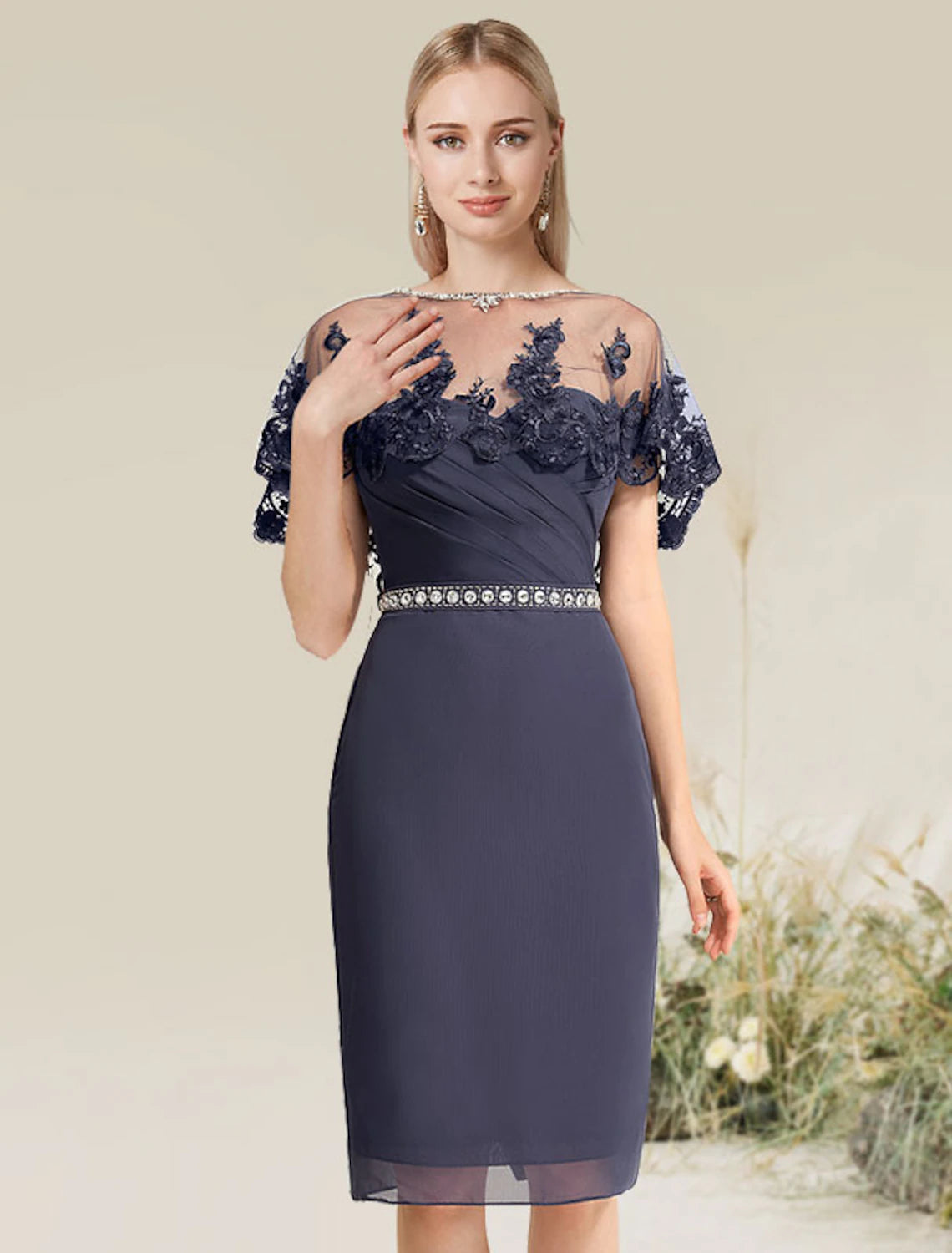 Sheath / Column Cocktail Dresses Convertible Infinity Dress Wedding Guest Cocktail Party Knee Length Short Sleeve Strapless Lace with Lace Insert