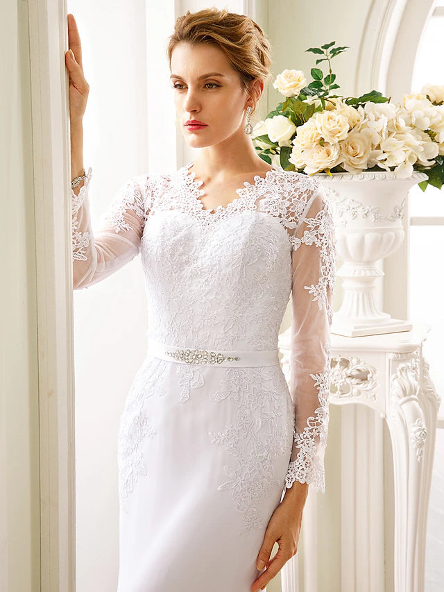 Engagement Open Back Formal Wedding Dresses Court Train Mermaid / Trumpet Long Sleeve Illusion Neck Chiffon With Sash