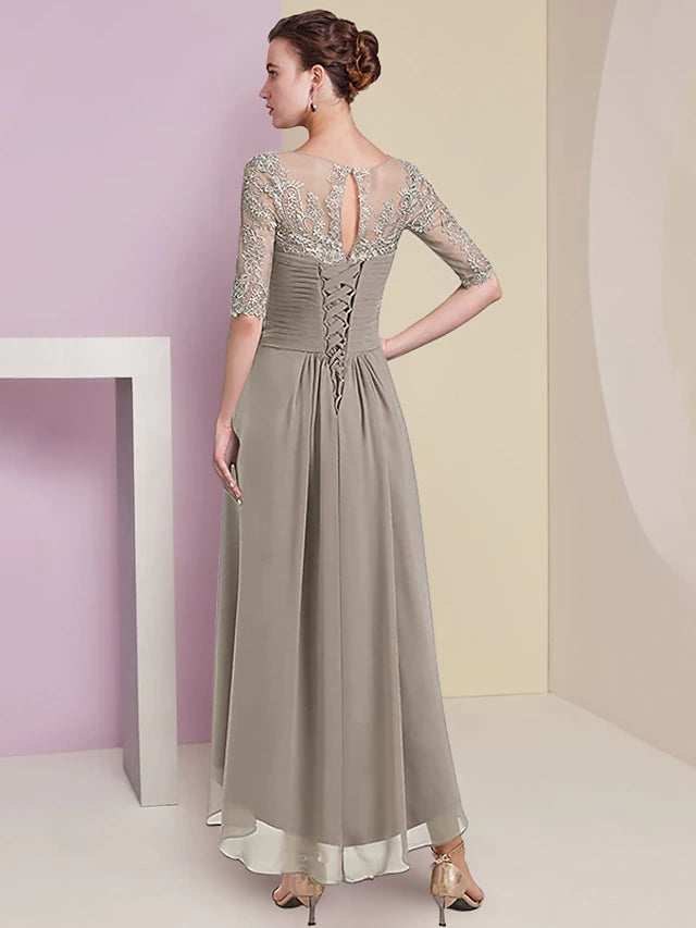 Two Piece A-Line Mother of the Bride Dress Formal Wedding Guest Elegant High Low V Neck Asymmetrical Tea Length Chiffon Lace Half Sleeve Wrap Included with Ruched
