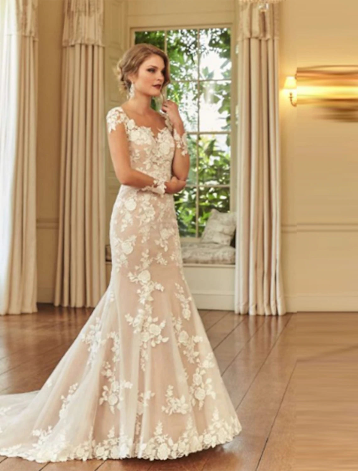 Engagement Formal Wedding Dresses Mermaid / Trumpet Illusion Neck Long Sleeve Court Train Lace Bridal Gowns