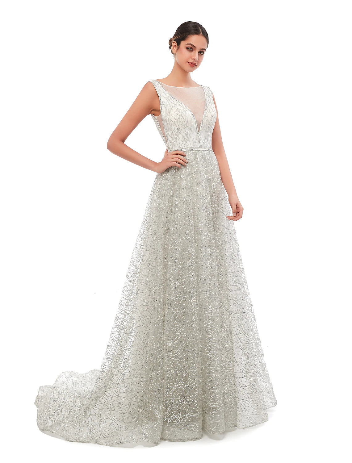 A-Line Evening Gown Vintage Dress Prom Court Train Sleeveless Illusion Neck Sequined