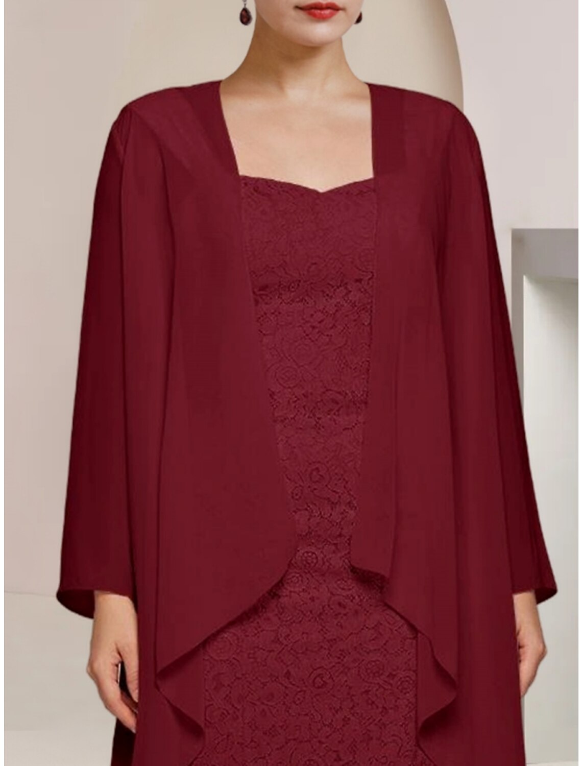 A-Line Mother of the Bride Dress Wedding Guest Elegant Petite Square Neck Knee Length Chiffon Long Sleeve with Ruching