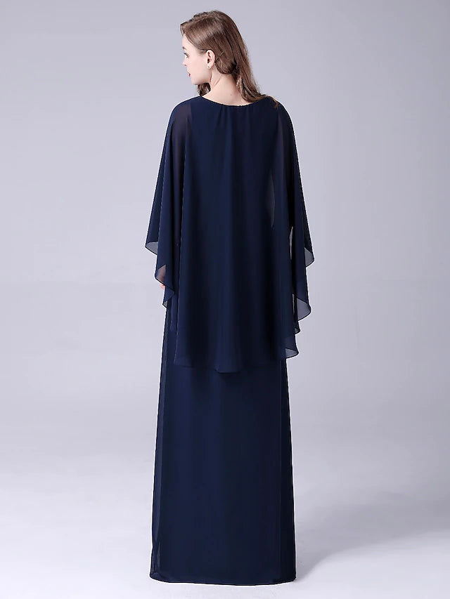 A-Line Mother of the Bride Dress Elegant Sweet Jewel Neck Floor Length Chiffon Sleeveless with Crystals