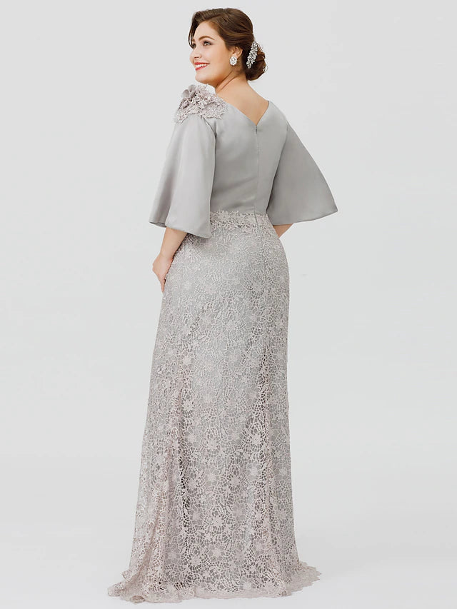 Mermaid / Trumpet Mother of the Bride Dress Plus Size Sexy Cowl Neck Sweep / Brush Train Satin Chiffon Lace Over Satin Half Sleeve